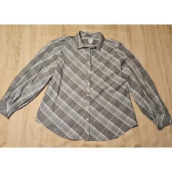 Chicos Gray Plaid Button Up Shirt Size 2 Us Womens Sz 12 - Picture 1 of 8